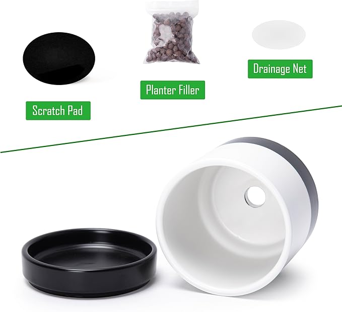 D'vine Dev 4.7 Inch Ceramic Planter Pot with Drainage Hole and Saucer, Indoor Cylinder Round Planter Pot, Layered Monochrome Black & White, 94-O-B-L