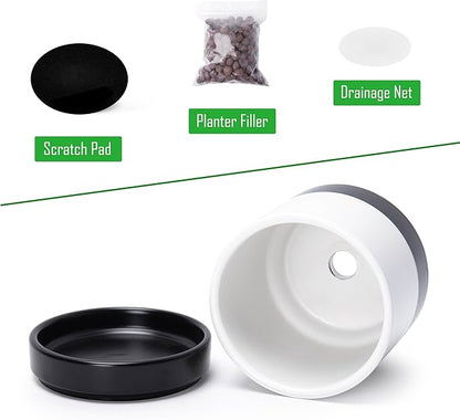 D'vine Dev 4.7 Inch Ceramic Planter Pot with Drainage Hole and Saucer, Indoor Cylinder Round Planter Pot, Layered Monochrome Black & White, 94-O-B-L