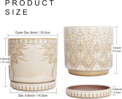 6 Inch Indoor Plant Pots with Drainage Holes and Saucers, Ceramic Planter for Plants, Flower Pot - Set of 2