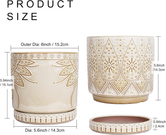 6 Inch Indoor Plant Pots with Drainage Holes and Saucers, Ceramic Planter for Plants, Flower Pot - Set of 2