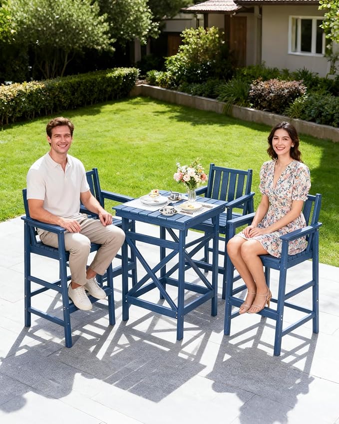 QUASCO Outdoor Adirondack Bar Chairs and Table Set of 5, HDPE Patio Bar Height Table and 4 Adirondack Chairs, All Weather Outdoor Bar Stools Set for Bistro, Poolside, Balcony, Navy