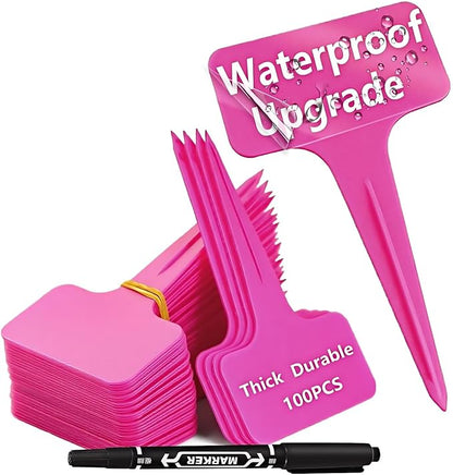 100 Pcs Waterproof Pink Durable Plastic Plant Outdoor Garden Labels Nursery Markers T-Type Thick Tags Re-Usable for Vegetables Seedlings
