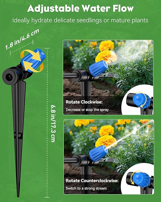 Pawfly 50ft Mist Drip Irrigation Kit - Quick-Connect Drip Irrigation System with 1/4" Tubing, Adjustable Misting Nozzles & Drip Irrigation Parts for Greenhouse, Lawn, Patio and Raised Beds