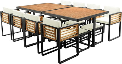 Merax 18 Pieces Outdoor Dining Set for 16 People, Acacia Wood Patio Furniture Sets with 2 Square Tables, 8 Cushioned Chairs and 8 Ottomans for Backyard, Garden, Lawn, Poolside, Beige