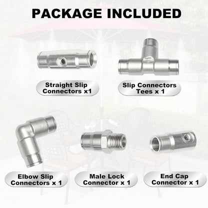 3/8" Brass Slip Connectors Kit for High Pressure Misting System – 5-Piece Brass Misting Nozzle Connectors (Straight, Elbow, Tee, 1/4" Male Lock, End) – 1500 psi
