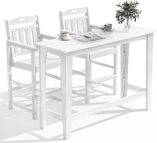 HDPE Outdoor Patio Bar Set with High Top Table and 2 Adirondack Chairs, All-Weather Bar Height Outside Rectangular Pub Furniture for Bistro, Garden, Backyard, Deck | 3-Pieces, White