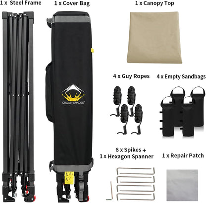 CROWN SHADES 10x10 Pop Up Canopy Tent - Patented Center Lock One Push Instant Outdoor Canopy Beach Tent with STO-N-Go Bag 8 Stakes & 4 Sand Bags，Khaki