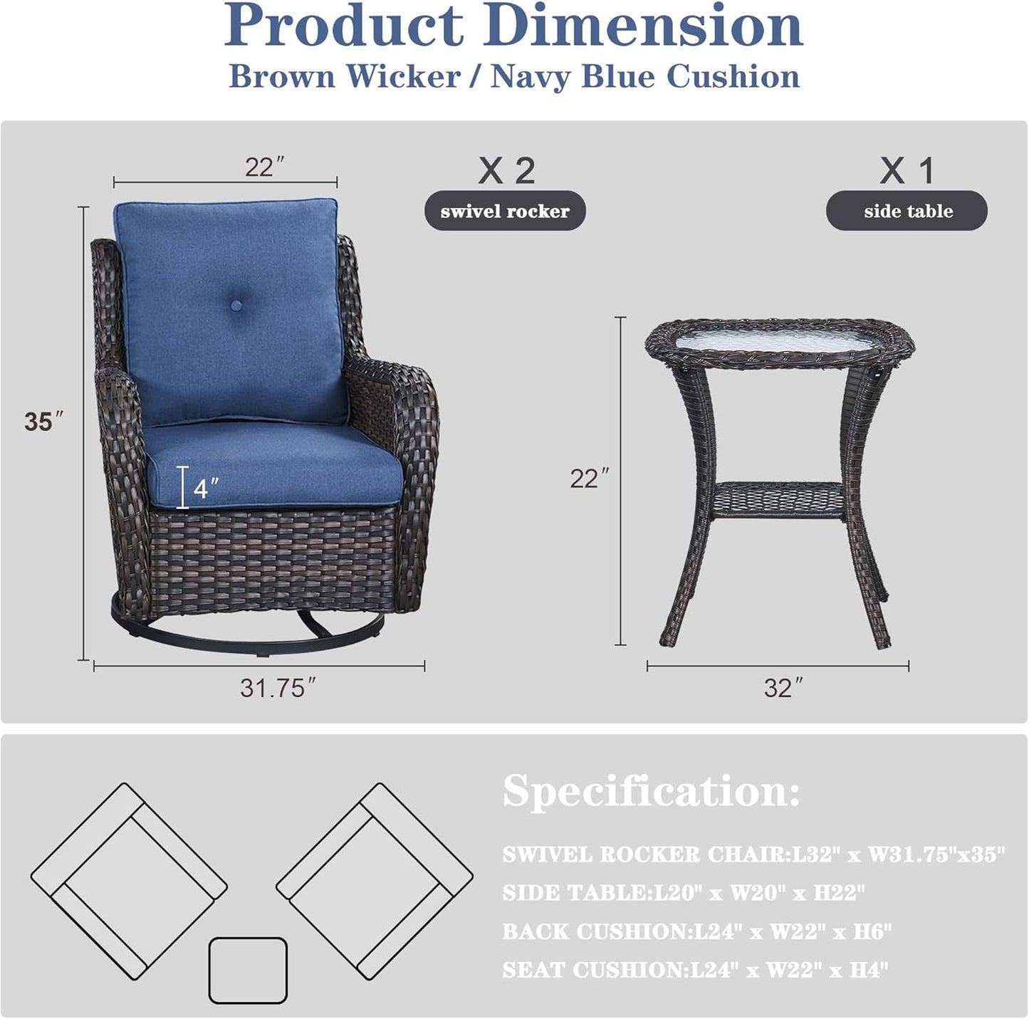 Outdoor Swivel Rcoker Patio Chair - 3 Pieces Wicker Swivel Glider Chairs with Side Table, Patio Furniture Set for Porch Deck Balcony Garden