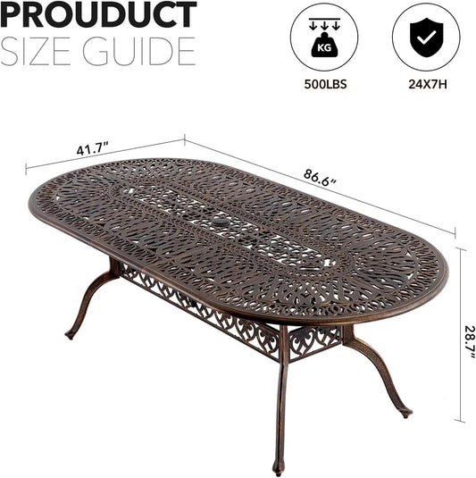 𝐀𝐢𝐥𝐢𝐬𝐦𝐚𝐢𝐥 87” Patio Outdoor Dining Table for 8, Cast Aluminum Oval Patio Dining Table Weather Resistant with 2"" Umbrella Hole for Patio Deck Garden, Hammered Bronze