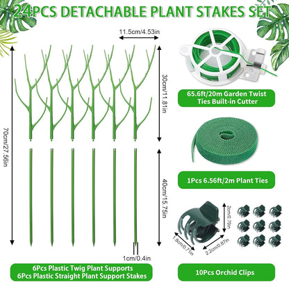 6 Pack 27.56" Detachable Twig Plant Support Stakes Set, Blends in to Plant, Branch Plant Sticks with Orchid Clips Twist Plant Ties, Twig Trellis for Indoor Outdoor Plants Potted Plants Flower