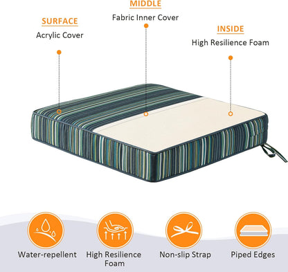 Sunbrella Square Corner Seat Cushions, 19" x 19" x 3", Set of 4, Indoor Outdoor Water Repellent Universal Chair Pads with Ties for Patio Furniture, Garden Deck Dining Chairs, Beach Stripe Lagoon