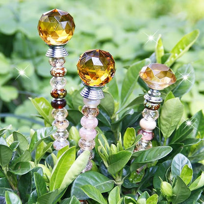 119 Pcs Garden Stake Diy Fairy Wand Plant Stake with Champagne Large Hole Beads Crystal Diamond Stopper Top 4 Stainless Steel Threaded Rod Beaded Garden Stakes For Outdoor Indoor Yard Patio Decoration
