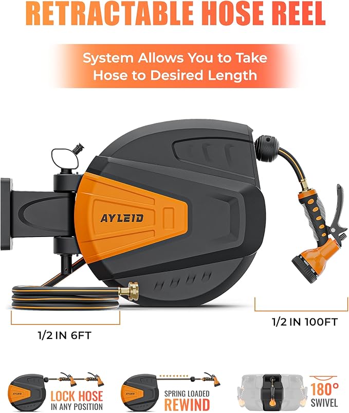 Ayleid Retractable Garden Hose Reel,1/2 in x 100 ft Wall Mounted Hose Reel, with 9- Function Sprayer Nozzle, Any Length Lock/Slow Return System/Wall Mounted/180°Swivel Bracket (Black)