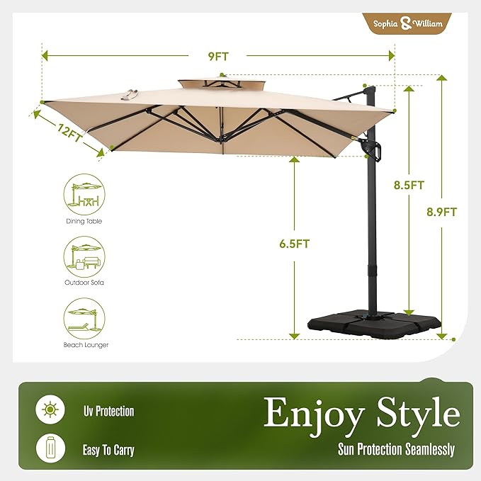 Sophia & William 12ft Cantilever Patio Umbrella with Base, Large Rectangular Umbrellas with 360-degree Rotation, Aluminum Pole for Garden Pool Backyard, Beige