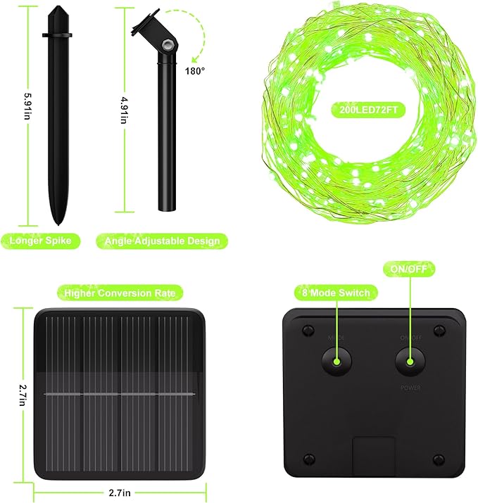 Solar String Lights for Outside, 72Ft 200 LED Solar Fairy Lights with 8 Modes, Solar Powered Fairy Lights Waterproof for Christmas Tree Garden Party Wedding Decor.（Green）