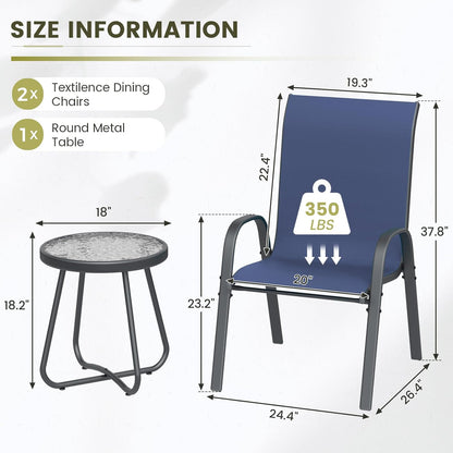 UDPATIO Patio Dining Set of 3, Outdoor Table and Chairs Set with Glass Table, 2 Stackable Patio Chairs with High Back, Outdoor Furniture Sets for Deck Garden Backyard Lawn Poolside (Blue)