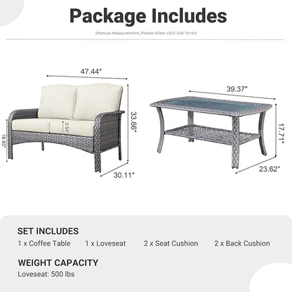 ovios 2 Pieces Patio Furniture Set, Outdoor Wicker Sofa with Glass Coffee Table, All Weather High Back Rattan Loveseat Couch 2 Seats with Comfy Cushions, Beige