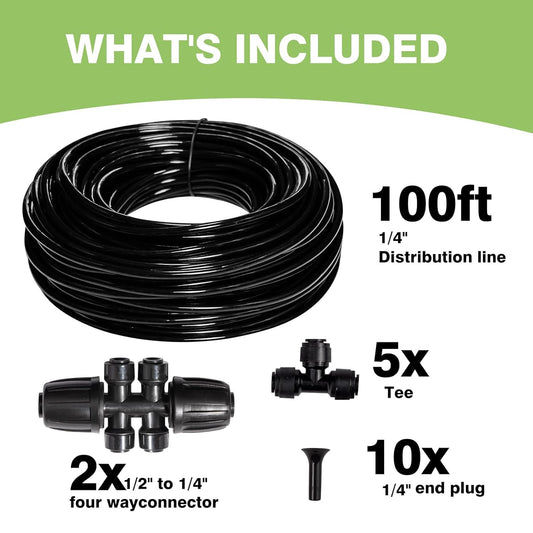 100FT 1/4 inch New Quick-Connect Drip Irrigation Kit Distribution Hose Tubing for Garden Irrigation System (Includes 2 Pcs 6-Way Connector, 5 Pcs 1/4" Tee and 10 Pcs End Plugs)