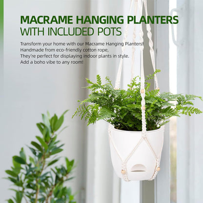 2-Pack 7.1-Inch Self-Watering Hanging Planters for Indoor & Outdoor Plants,34Inch Macrame Hanger Plant Pots Indoor with Drainage,Small Hanging Planters & Baskets,With Two Sets of Hooks（Pure white）
