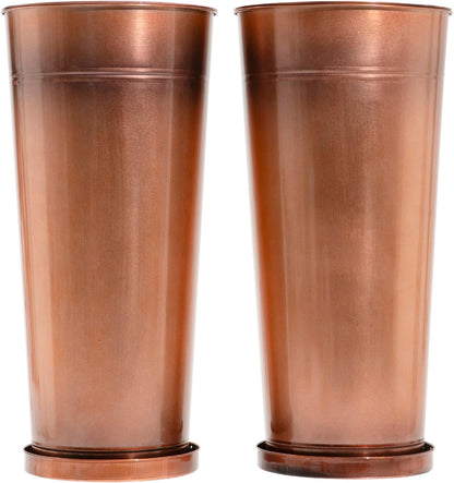 28in Tall Antique Copper Metal Vintage Planter Set of 2,Galvanized Steel Planter Pots for porches/Indoor/terraces Patio- Copper Color(2planters,2inner pots with Holes, 2trays)