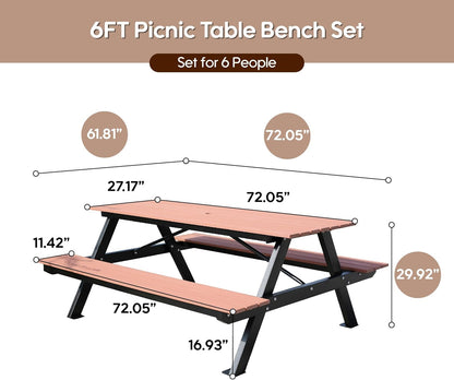 6FT Outdoor Picnic Table and Bench Set with 2" Umbrella Hole, WPC Tabletop Seattop Patio Dining Set for 6 People, Outdoor Dining Table and Chair for Park Garden Yard Patio- Brown