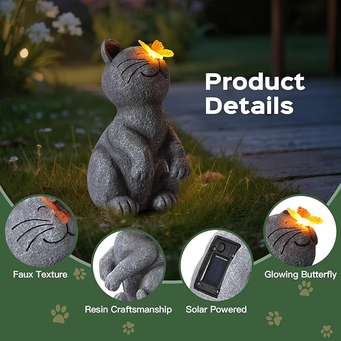 DyBaxa Solar Garden Décor, Garden Statues, Gifts for Women, Mom, Grandma, Patio, Balcony, Yard Decorations Outdoor - Unique Birthday & Housewarming Gifts, Cat Decor with Butterfly Light