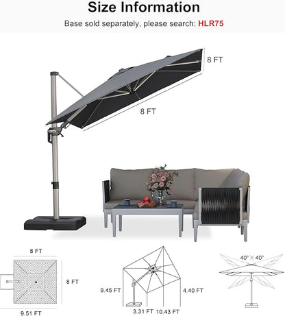 PURPLE LEAF 8' X 8' Left-right Tilting Patio Umbrella Outdoor Swivel Cantilever Umbrella Aluminum Offset Umbrella with Champagne Frame and 360-degree Rotation for Garden Deck Pool, Grey