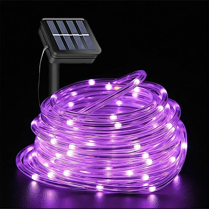 Purple Solar Rope Lights for Outside - 100 LED 33FT Solar Powered Halloween String Lights with 8 Lighting Modes, Halloween Decoration Outdoor, Waterproof Tube Light for Garden Yard Party Tree Decor