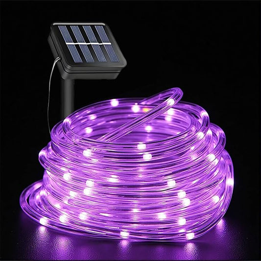 Purple Solar Rope Lights for Outside - 100 LED 33FT Solar Powered Halloween String Lights with 8 Lighting Modes, Halloween Decoration Outdoor, Waterproof Tube Light for Garden Yard Party Tree Decor