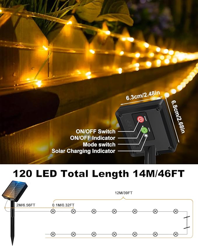 btfarm Solar Rope Lights Outdoor, 120LED 46FT Solar String Lights Outside Waterproof, 8 Lighting Modes Tree Tube Fairy Light Solar Powered for Garden Christmas Yard Party Decorations, Warm White