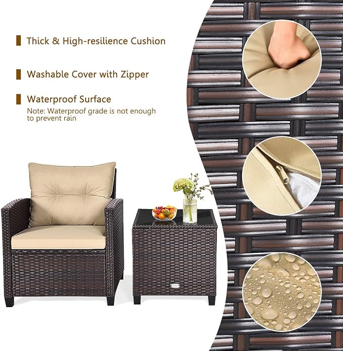 RELAX4LIFE 3 Piece Patio Furniture Set, Wicker Bistro Conversation Set w/ 2 Cushioned Armchairs & Glass Topped Table, Outdoor Rattan Sofa Set Patio Furniture for Porch Balcony Poolside (Beige)