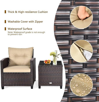 RELAX4LIFE 3 Piece Patio Furniture Set, Wicker Bistro Conversation Set w/ 2 Cushioned Armchairs & Glass Topped Table, Outdoor Rattan Sofa Set Patio Furniture for Porch Balcony Poolside (Beige)