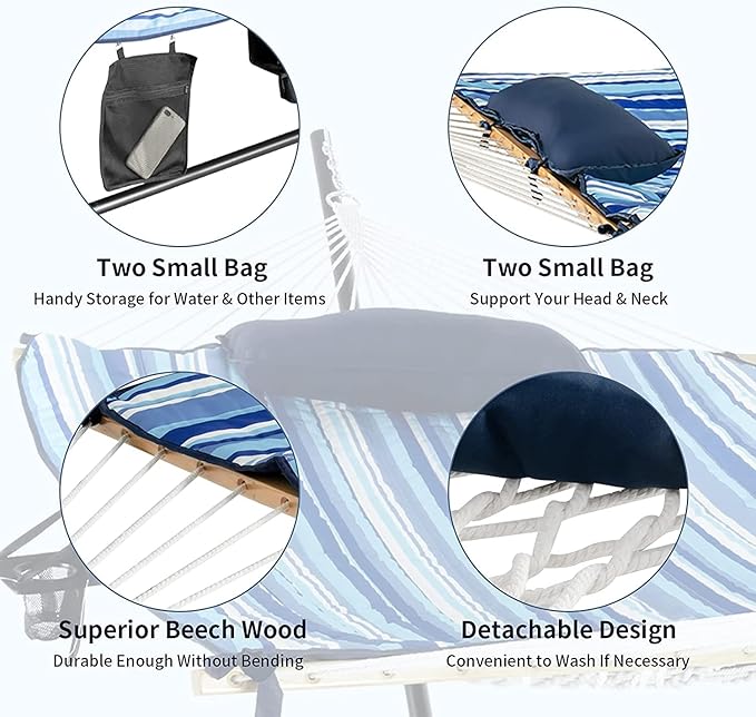 S AFSTAR 2 Person Hammock with Stand Included, Double Portable Hammocks with Cotton Mat, Pillow, Cup Holder, 450 LBS Load Capacity, Free Standing Hammock for Outside Patio Porch Backyard (Blue Stripe)