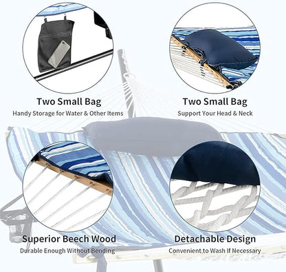 S AFSTAR 2 Person Hammock with Stand Included, Double Portable Hammocks with Cotton Mat, Pillow, Cup Holder, 450 LBS Load Capacity, Free Standing Hammock for Outside Patio Porch Backyard (Blue Stripe)