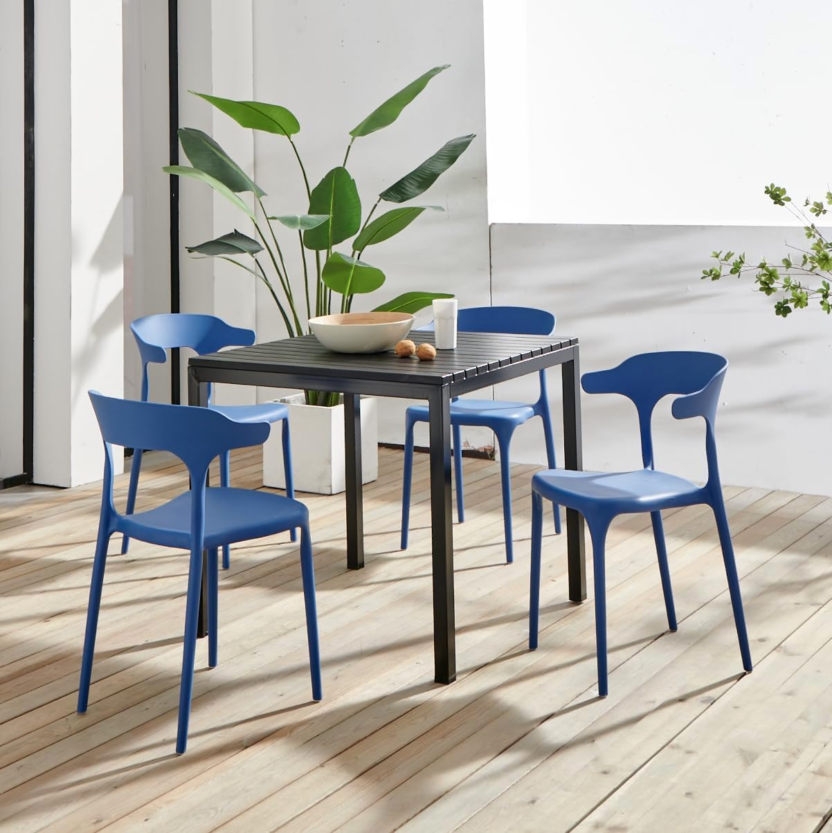 Plastic Outdoor Dining Table with Metal Legs, Weather Resistance, Home Patio Table, Restaraunt Outdoor Table, Quick Assembly (Black)