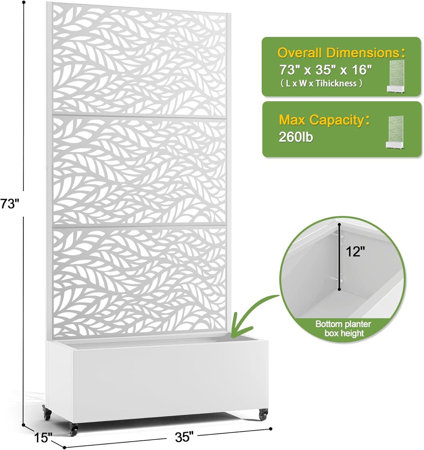 FENCY Metal Raised Garden Bed with Wheels and Trellis,73"x35"x16" Planter Box for Climbing Plants, Vegetables & Vines, Features Privacy Screen and Drainage Holes (White-Leaf)
