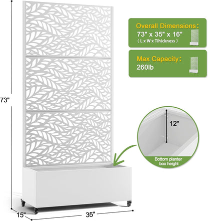 FENCY Metal Raised Garden Bed with Wheels and Trellis,73"x35"x16" Planter Box for Climbing Plants, Vegetables & Vines, Features Privacy Screen and Drainage Holes (White-Leaf)
