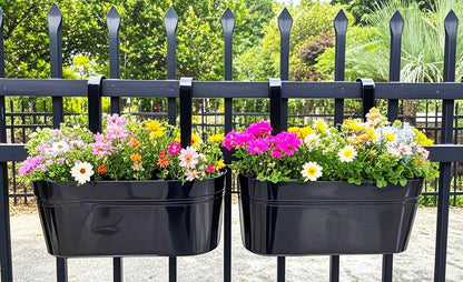 Hanging Planters for Outdoor Plants, 17" Railing Planter Pots, Metal Fence Flower Pot for Porch Balcony with Detachable Hook (Black, Pack of 4)