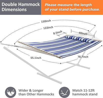SUNCREAT Hammocks Quilted Fabric Hammock, Double Hammock with Spreader Bar, Soft Pillow, Max 475lbs Capacity, Blue Stripes
