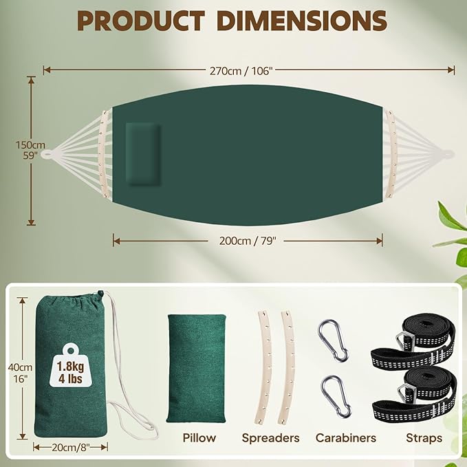Chihee Cotton Hammock Large Soft Breathable Camping Hammock Holds Up to 660lbs Portable Tree Hammock with Detachable Spreader Bar Pillow 2 Strong Webbings 2 Carabiners Patio Garden Indoor Outdoor