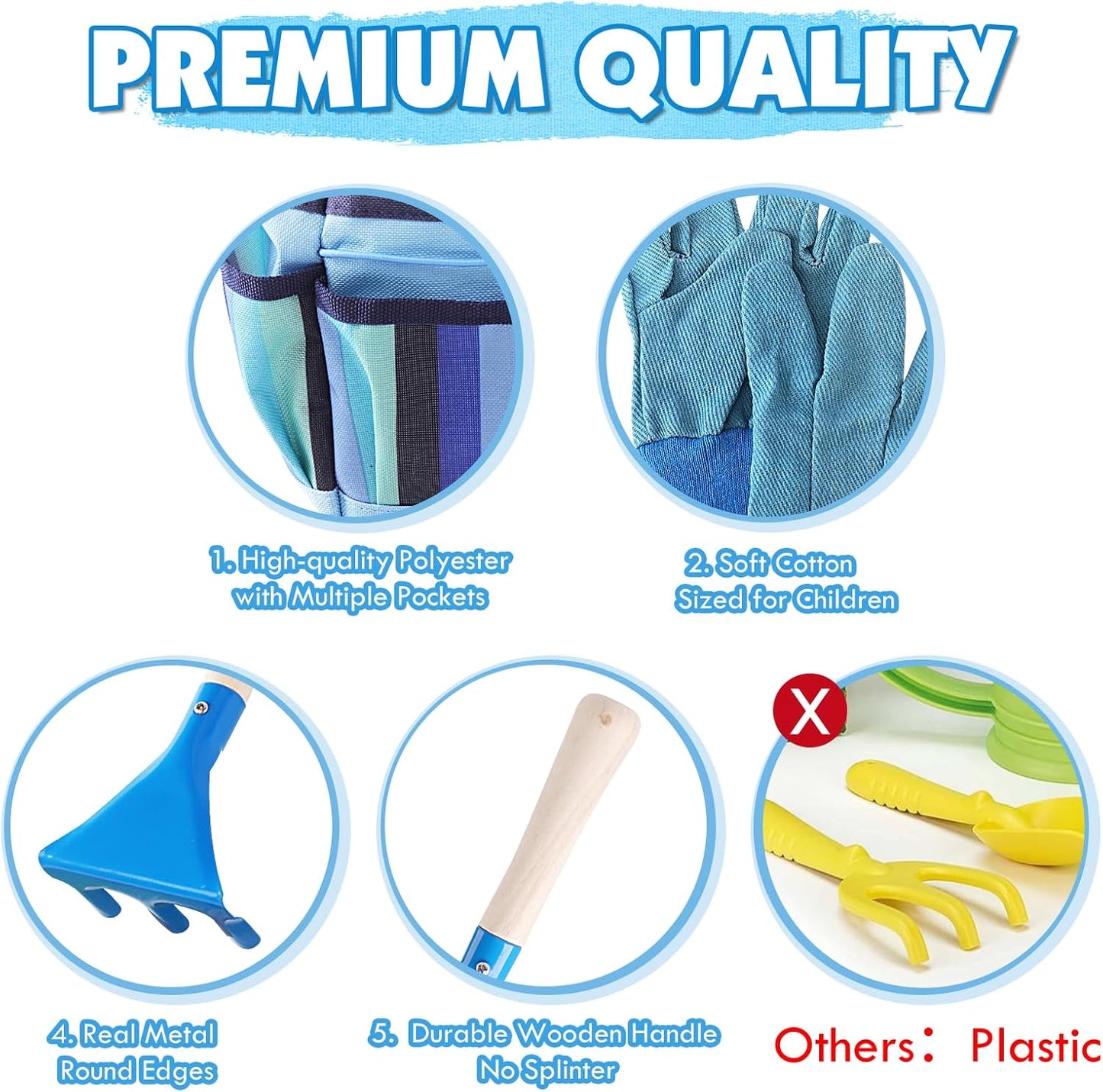 Kids Gardening Tools Set, Toddler Play Kit Child Outdoor Toy with Gloves, Watering Can, Metal Shovel, Rake, Spade & Storage Bag, Backyard Sand Digging Birthday for Boys Girls 3-5 (Blue)