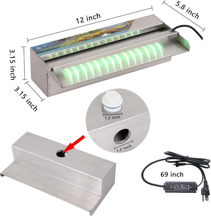 PONDO Pool Fountain, Stainless Steel Waterfall Spillway with Wider Water Flow Platform, Multi-Color LED Light & Spillway Cleaning Kit for Garden Outdoor Decoration (12 inch)