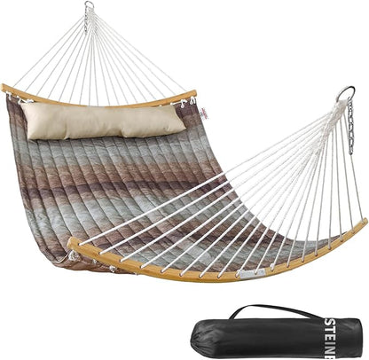 Double Hammock, 11 FT Quilted Fabric 2 Person Hammock for Outside with Pillow, Folding Curved Spreader Bar, Chains, Carrying Bag, Indoor Outdoor, 450 IB Capacity, Aqua Green