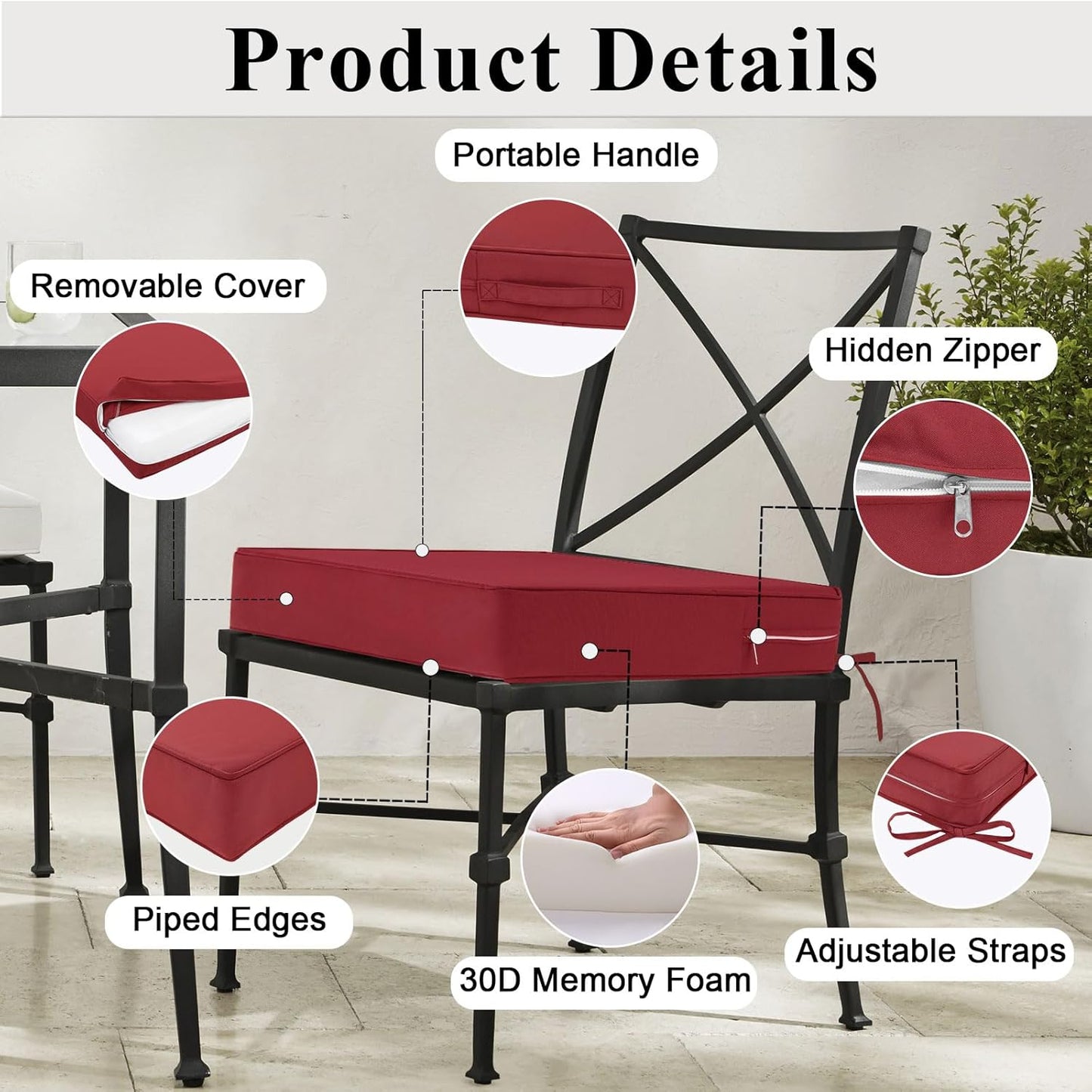 Outdoor Chair Cushions Set of 2 for Patio Furniture 22x22x4 Inch Waterproof Patio Chair Cushion 3 Year Color Fastness Square Elastic Foam Garden Couch Pads with Ties and Handle,Red