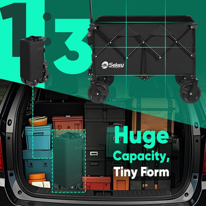 Collapsible Wagon Cart with Big All-Terrain Beach Wheels, Foldable Heavy Duty Wagons with Cup Holders, Utility Carts for Camping, Garden, Outdoor, Grocery, Sports. Black