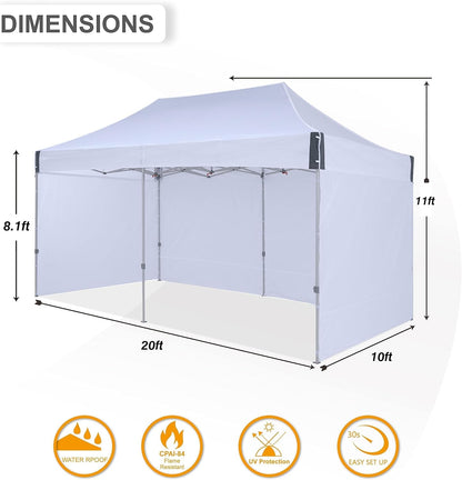 10x20 pop up Canopy Tent, Eazy up Outdoor Patio Canopy Tent with sidewalls, Heavy Duty Commercial Instant Canopy Tent with Sand Bags for Deck, Party, Camping, Backyard, Playground, White