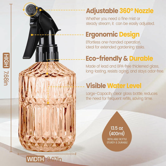 Glass Plant Spray Bottle, 13.5 oz Small Plant Mister, Leak Proof Fine Mist Watering can with Adjustable Nozzle for Indoor Plants Lover, Gardening, Hair, Cleaning Solutions (Orange)