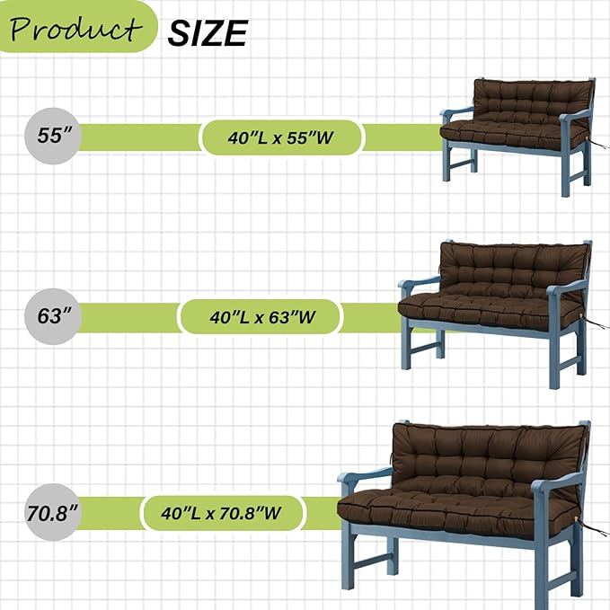 Swing Replacement Cushions with Backrest, 2 or 3 Seater Waterproof Non-Slip Overstuffed Swing Pad, Indoor/Outdoor Bench Cushion for Porch Chair Swing Garden Furniture (Brown, 40 * 70.8in)