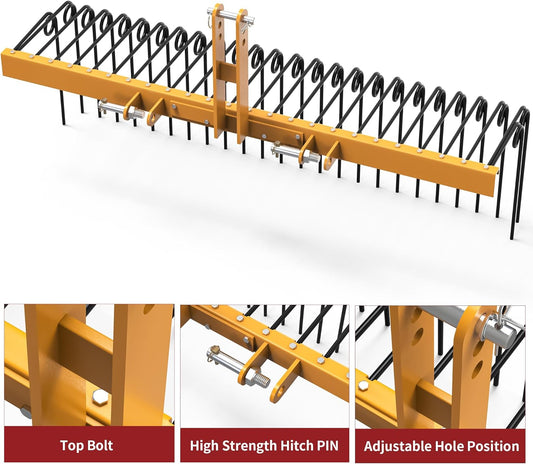 YITAMOTOR 60" Durable Powder Coated Steel Pine Straw Rake Steel Spring Landscape Rake Attaches to Cat-0 Cat-1,3 Point Hitch for Tractor, Yellow