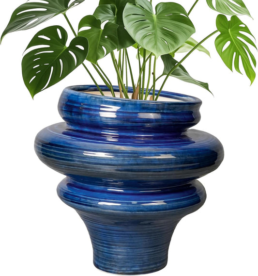 Ceramic Pots for Plants - 11 Inch Ceramic Planter with Drainage Hole, Unique Planters for Indoor Outdoor, Large Decorative Flower Pot, Home Office Room Decor, Gifts for Plants Lover, Blue
